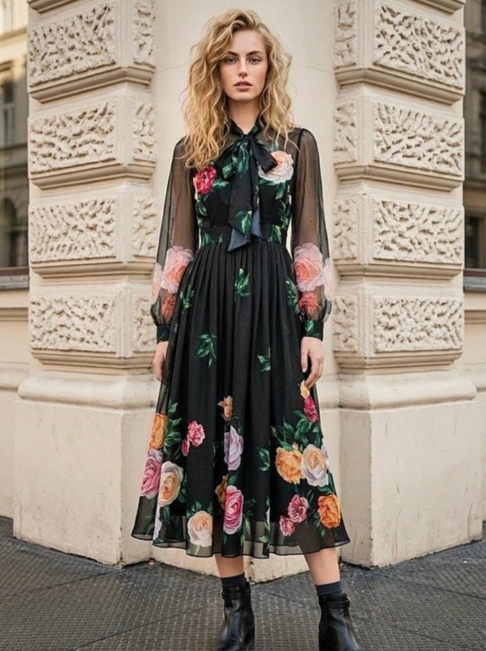 Productseeker retro printed silk floralDress